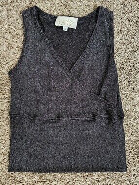 Vintage Cache S black sparkle wrap tank top blouse Small metalic silver shirt
